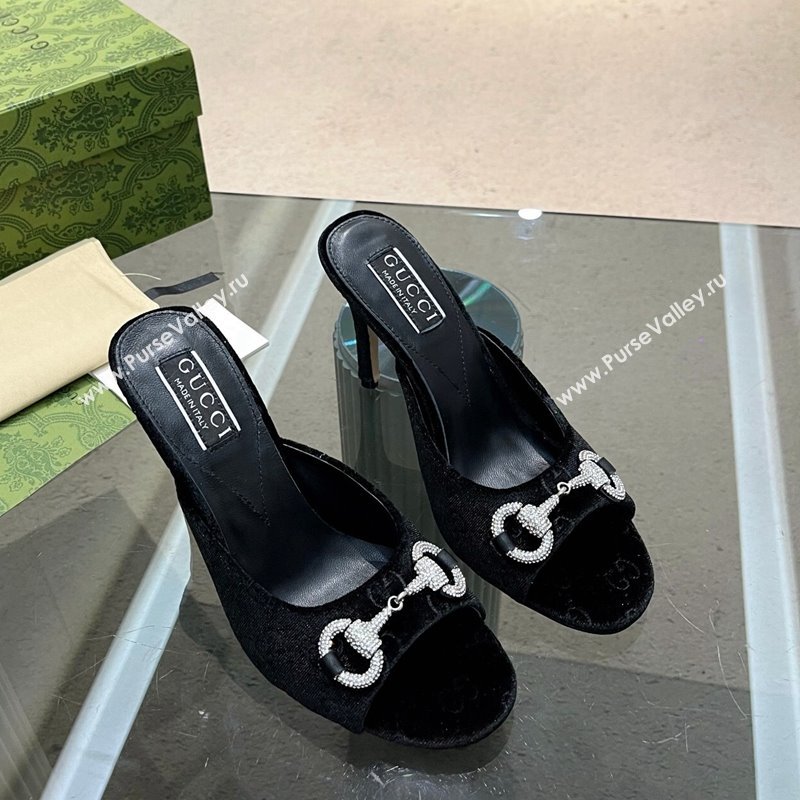 Gucci Horsebit 1955 High Heel Slide Sandals 9.5cm in GG Velvet Black 2024 (MD-240316001)