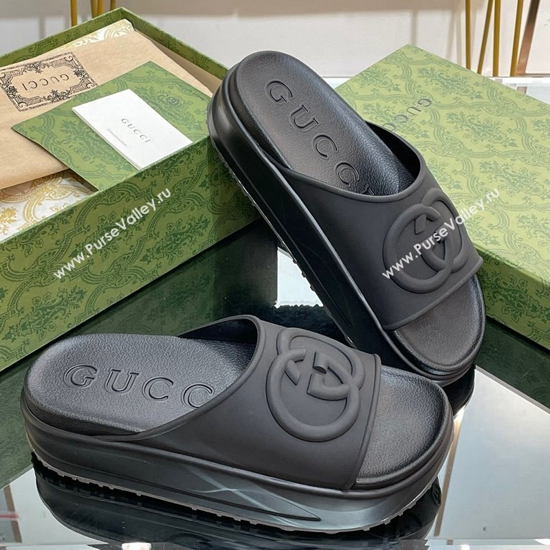 Gucci Rubber Platform Slide Sandals with Interlocking G All Black 2024 0319 (MD-240319013)