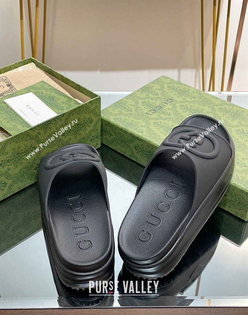 Gucci Rubber Platform Slide Sandals with Interlocking G All Black 2024 0319 (MD-240319013)