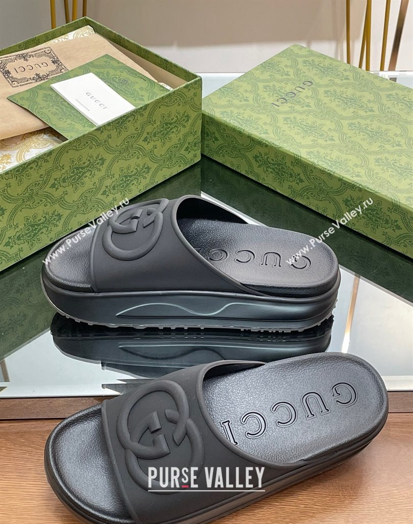 Gucci Rubber Platform Slide Sandals with Interlocking G All Black 2024 0319 (MD-240319013)