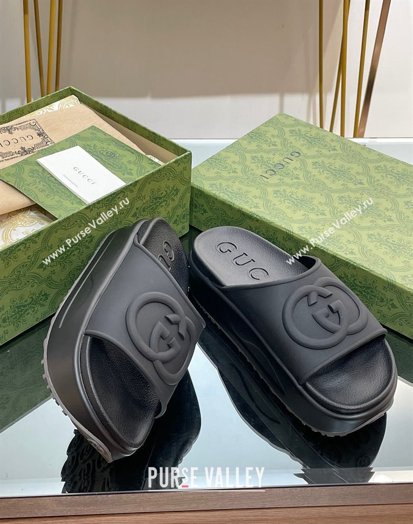 Gucci Rubber Platform Slide Sandals with Interlocking G All Black 2024 0319 (MD-240319013)