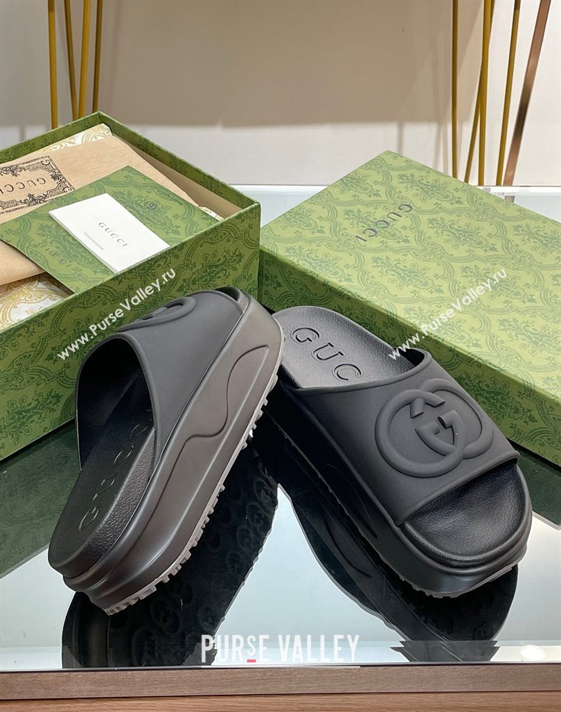 Gucci Rubber Platform Slide Sandals with Interlocking G All Black 2024 0319 (MD-240319013)