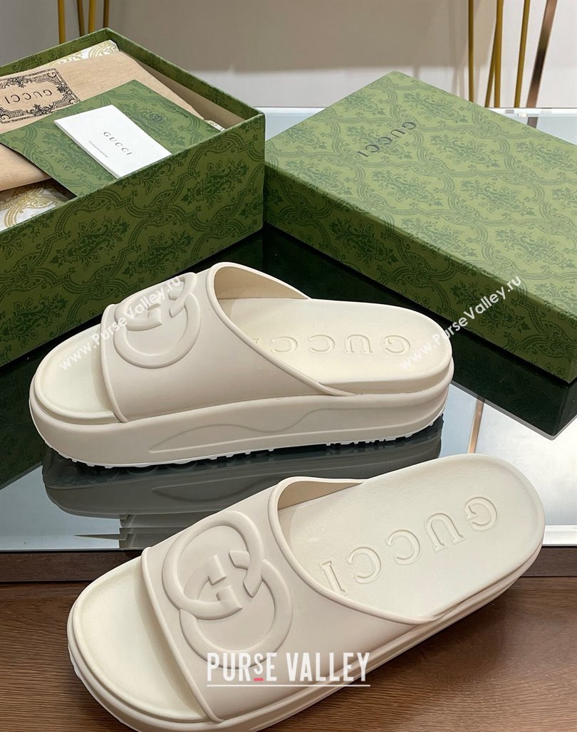 Gucci Rubber Platform Slide Sandals with Interlocking G All White 2024 0319 (MD-240319014)