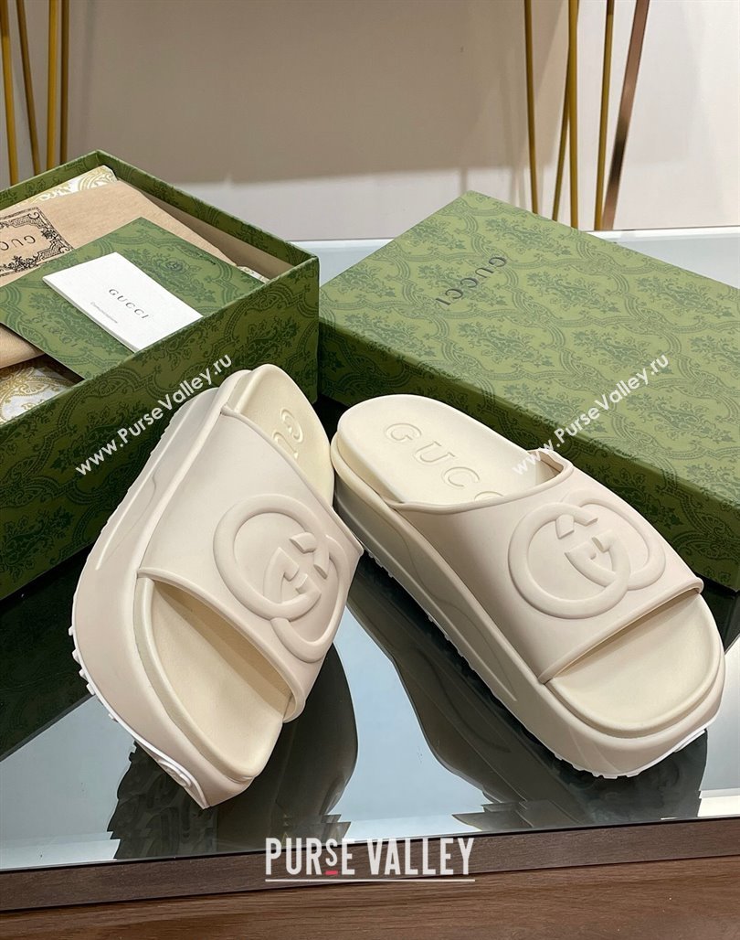 Gucci Rubber Platform Slide Sandals with Interlocking G All White 2024 0319 (MD-240319014)