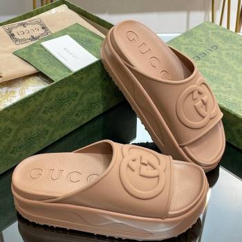 Gucci Rubber Platform Slide Sandals with Interlocking G Light Brown 2024 0319 (MD-240319015)