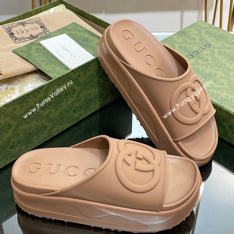 Gucci Rubber Platform Slide Sandals with Interlocking G Light Brown 2024 0319 (MD-240319015)