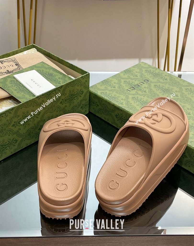 Gucci Rubber Platform Slide Sandals with Interlocking G Light Brown 2024 0319 (MD-240319015)