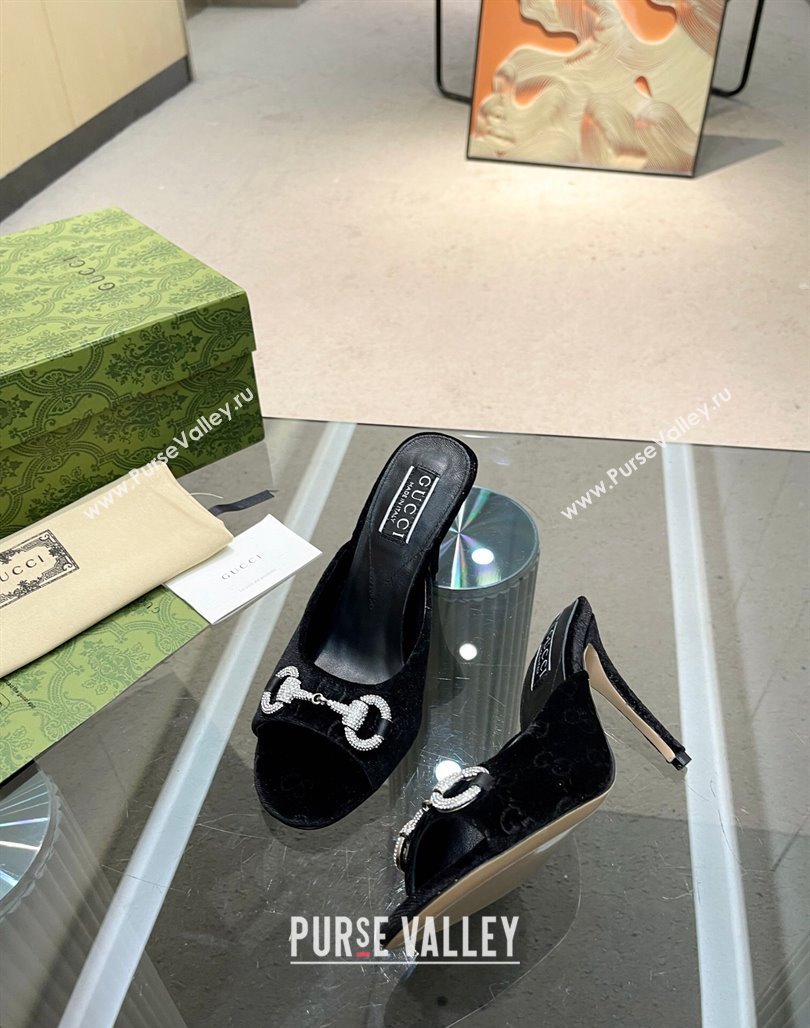 Gucci Horsebit 1955 High Heel Slide Sandals 9.5cm in GG Velvet Black 2024 (MD-240316001)