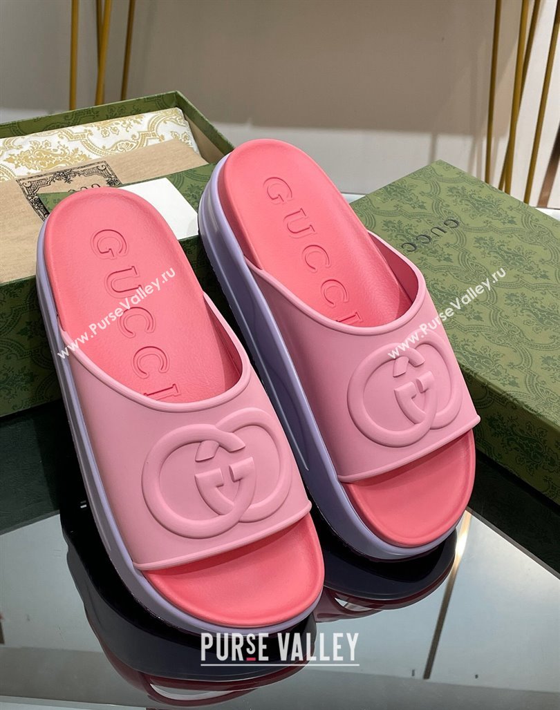 Gucci Rubber Platform Slide Sandals with Interlocking G Light Pink/Pink 2024 0319 (MD-240319016)