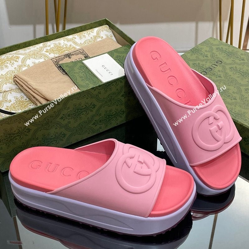 Gucci Rubber Platform Slide Sandals with Interlocking G Light Pink/Pink 2024 0319 (MD-240319016)