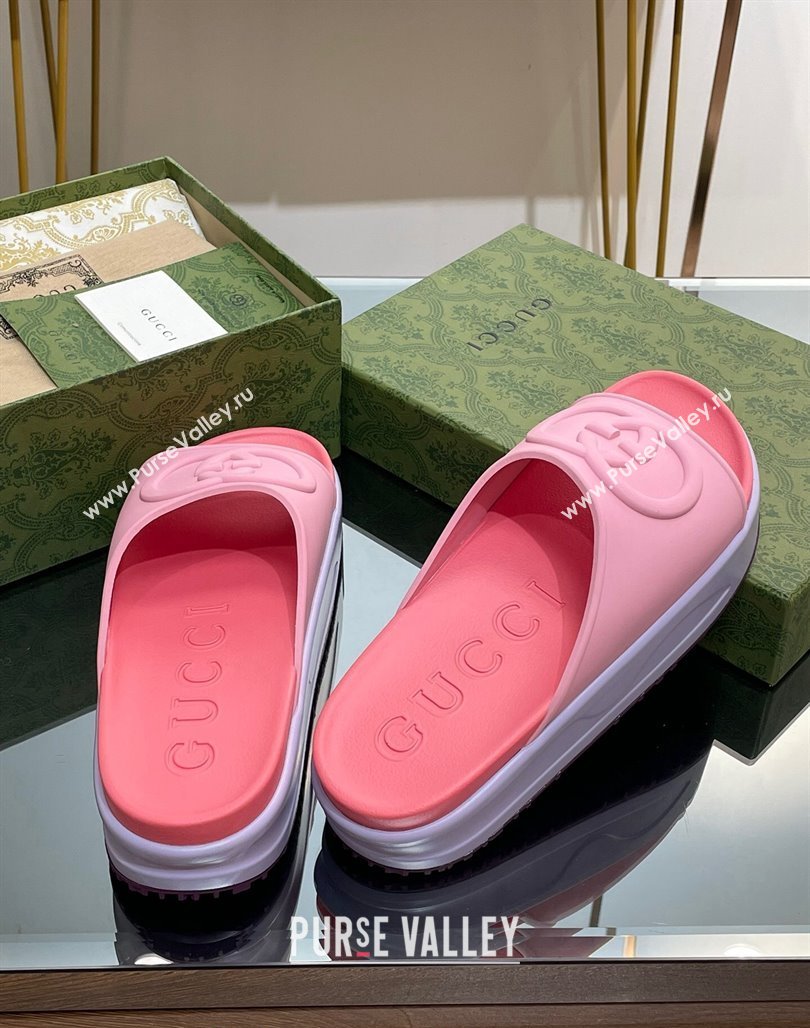 Gucci Rubber Platform Slide Sandals with Interlocking G Light Pink/Pink 2024 0319 (MD-240319016)