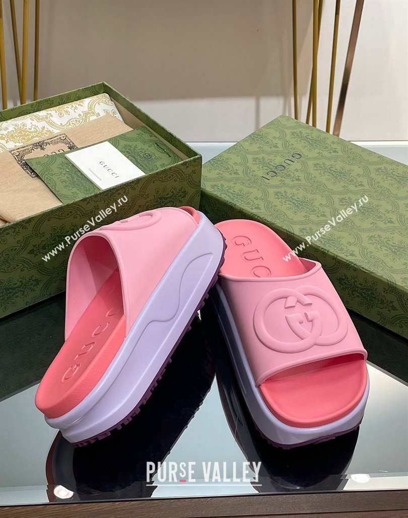 Gucci Rubber Platform Slide Sandals with Interlocking G Light Pink/Pink 2024 0319 (MD-240319016)