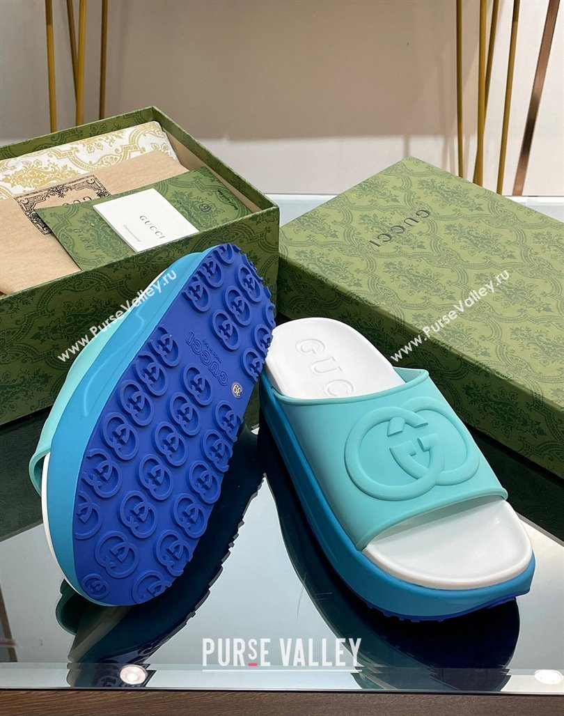 Gucci Rubber Platform Slide Sandals with Interlocking G Light Green 2024 0319 (MD-240319017)