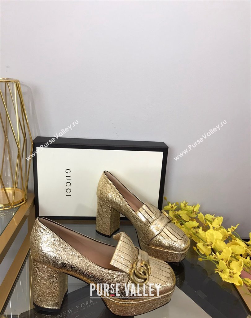 Gucci Leather Fringe Platform Pumps 8.5cm Gold 2024 0319 (SS-240319018)