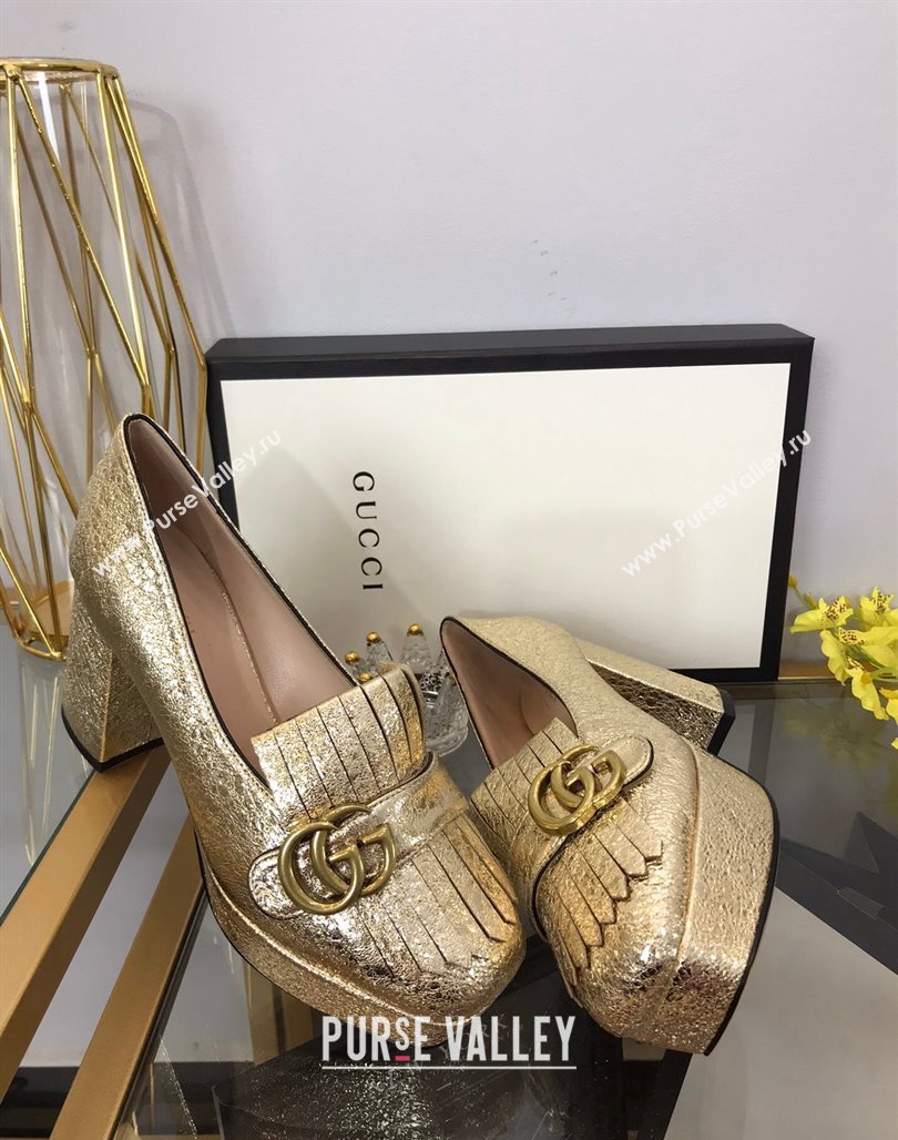 Gucci Leather Fringe Platform Pumps 8.5cm Gold 2024 0319 (SS-240319018)