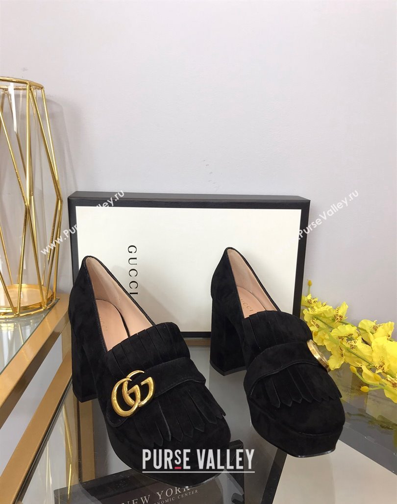 Gucci Suede Fringe Platform Pumps 8.5cm Black 2024 0319 (SS-240319019)