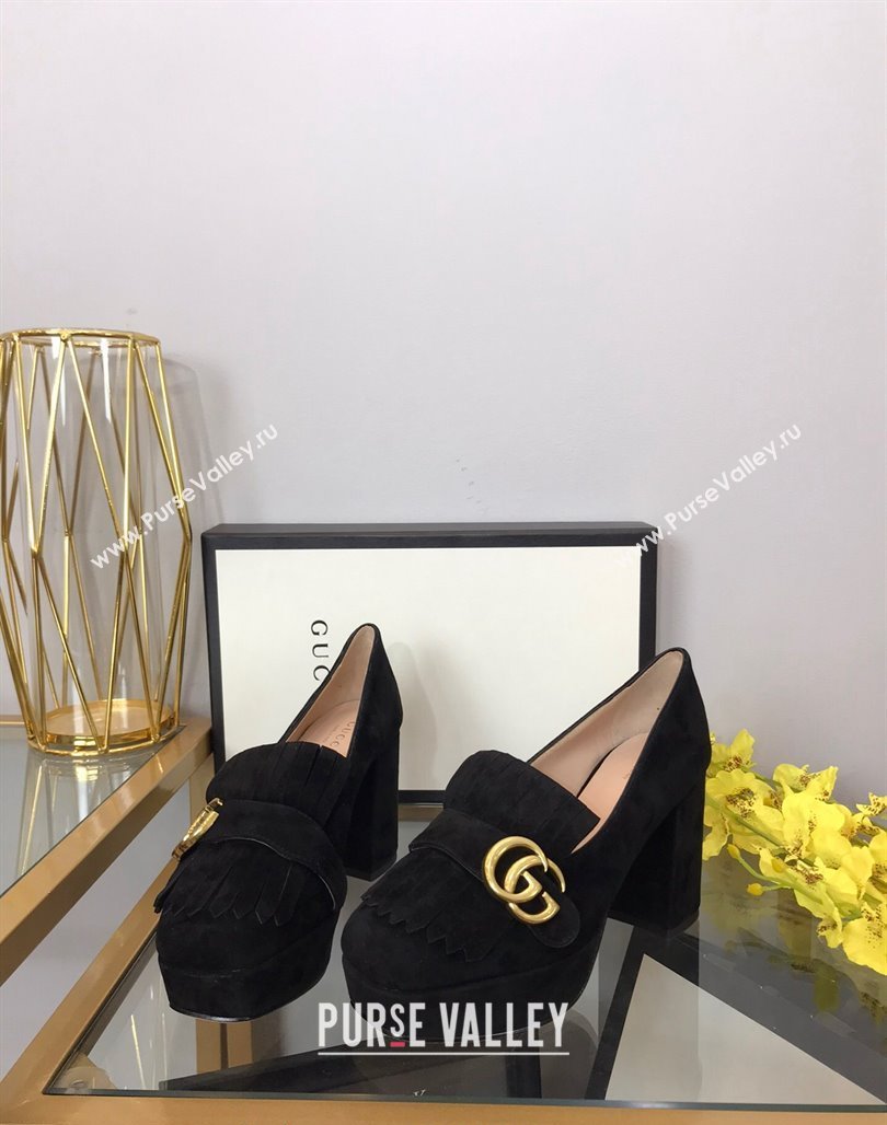 Gucci Suede Fringe Platform Pumps 8.5cm Black 2024 0319 (SS-240319019)