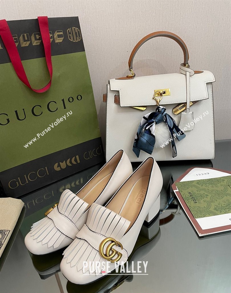 Gucci Leather Fringe Pumps 5cm White 2024 031902 (SS-240319023)