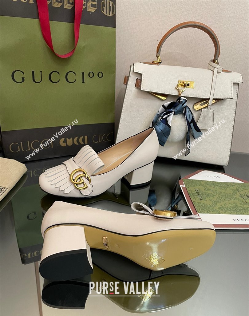 Gucci Leather Fringe Pumps 5cm White 2024 031902 (SS-240319023)