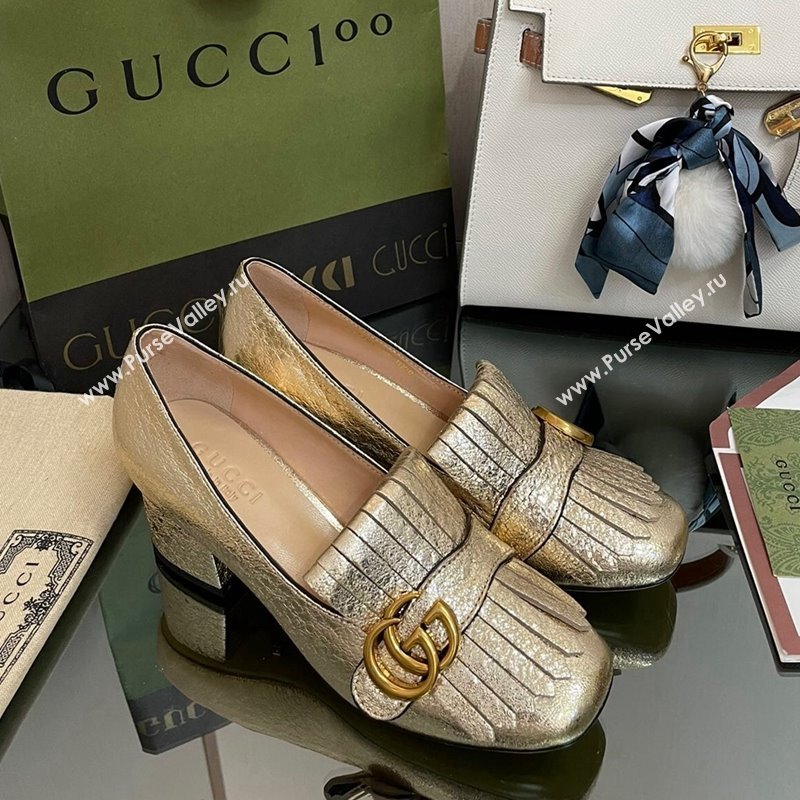 Gucci Leather Fringe Pumps 5cm Gold 2024 031902 (SS-240319025)