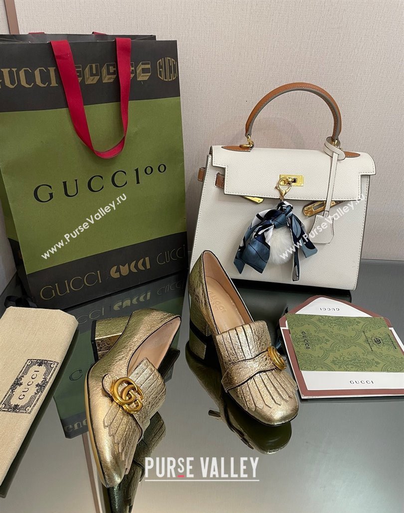 Gucci Leather Fringe Pumps 5cm Gold 2024 031902 (SS-240319025)