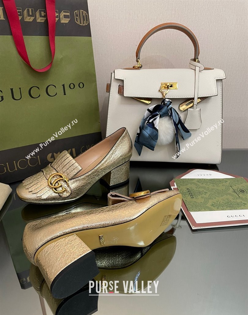 Gucci Leather Fringe Pumps 5cm Gold 2024 031902 (SS-240319025)