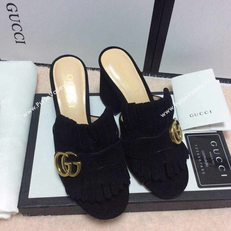 Gucci Suede Fringe Heel Slide Sandals 7cm Black 2024 0319 (SS-240319027)