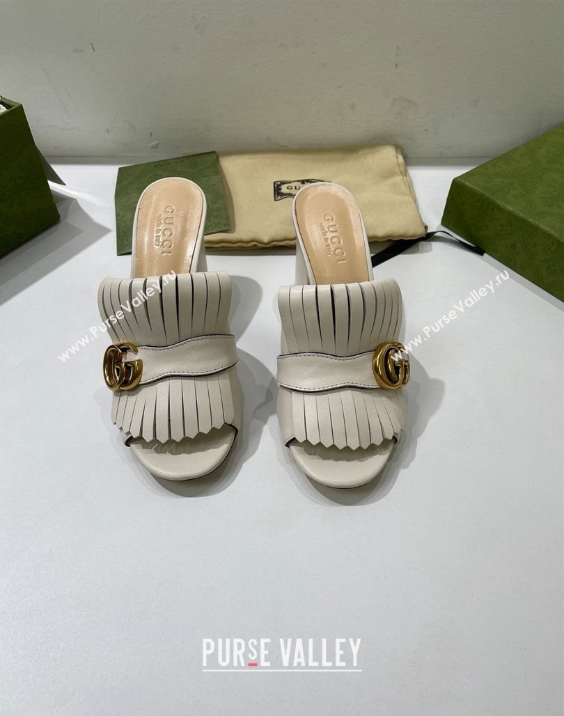 Gucci Leather Fringe Heel Slide Sandals 7cm White 2024 0319 (SS-240319029)