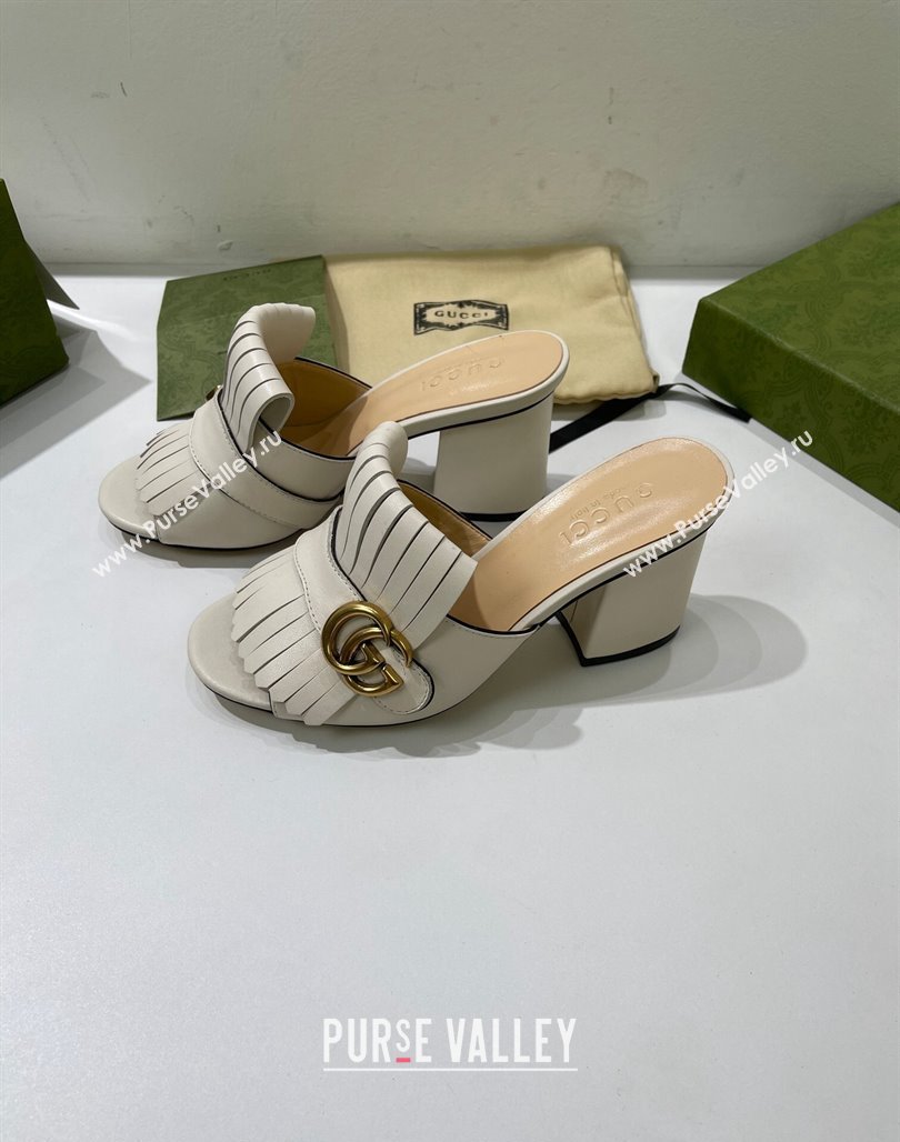 Gucci Leather Fringe Heel Slide Sandals 7cm White 2024 0319 (SS-240319029)