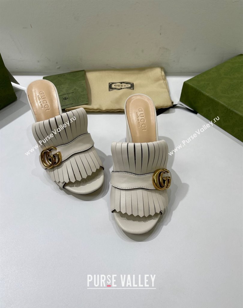 Gucci Leather Fringe Heel Slide Sandals 7cm White 2024 0319 (SS-240319029)