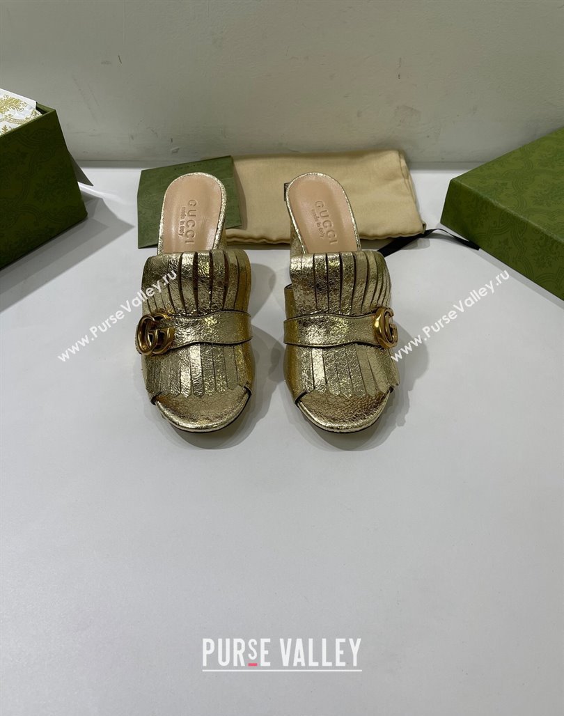 Gucci Leather Fringe Heel Slide Sandals 7cm Gold 2024 0319 (SS-240319032)