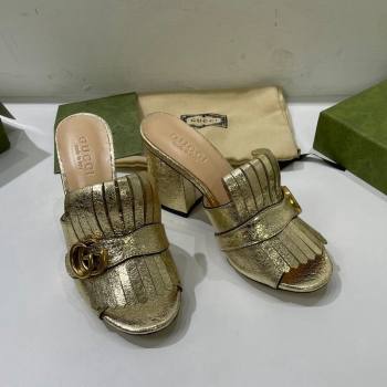 Gucci Leather Fringe Heel Slide Sandals 7cm Gold 2024 0319 (SS-240319032)