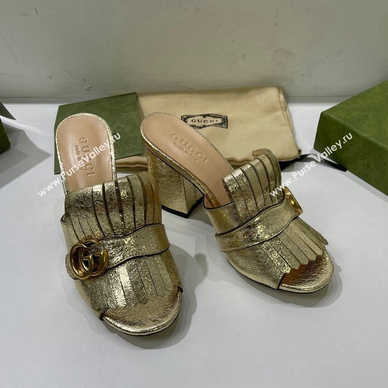 Gucci Leather Fringe Heel Slide Sandals 7cm Gold 2024 0319 (SS-240319032)