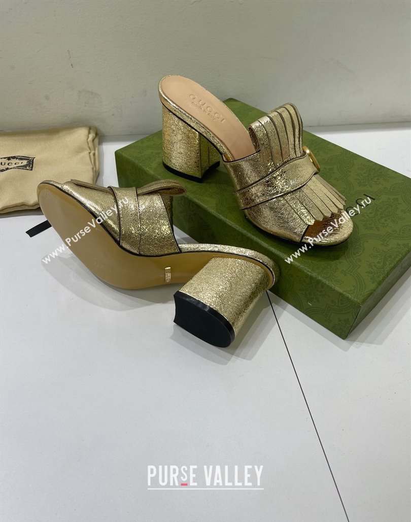 Gucci Leather Fringe Heel Slide Sandals 7cm Gold 2024 0319 (SS-240319032)