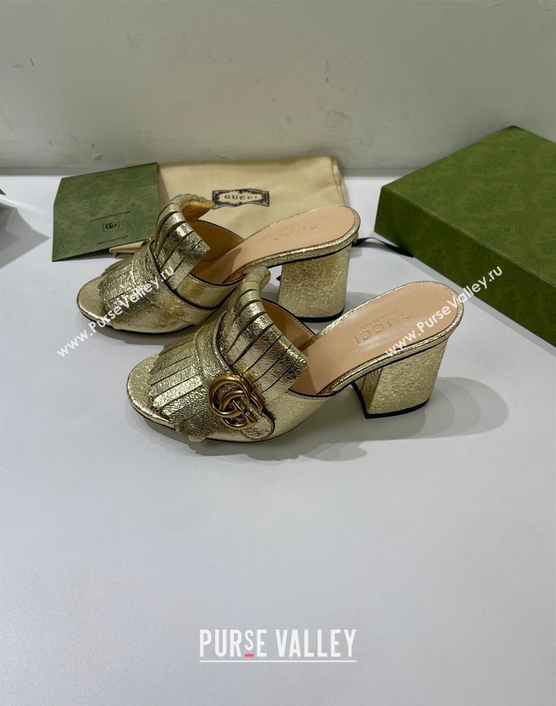 Gucci Leather Fringe Heel Slide Sandals 7cm Gold 2024 0319 (SS-240319032)