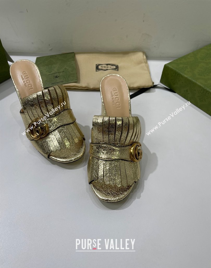 Gucci Leather Fringe Heel Slide Sandals 7cm Gold 2024 0319 (SS-240319032)