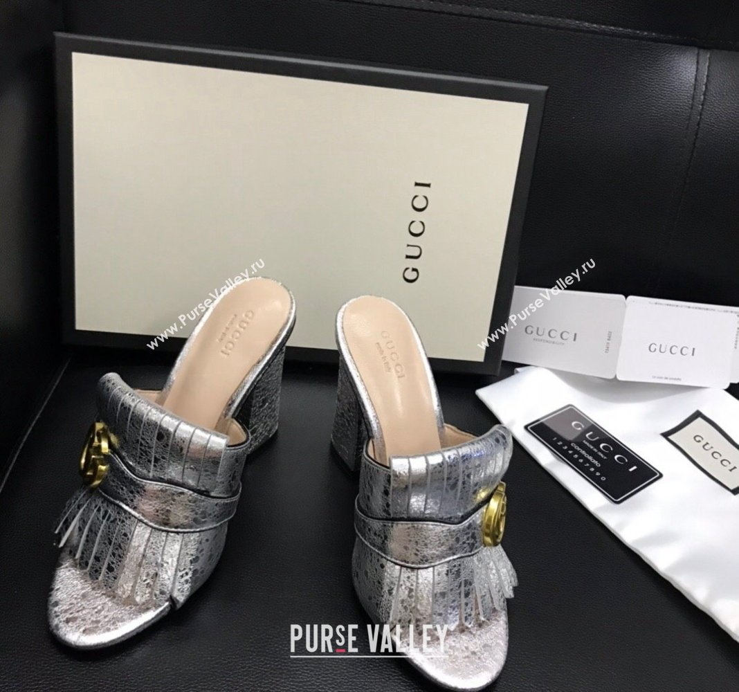 Gucci Leather Fringe Heel Slide Sandals 7cm Silver 2024 0319 (SS-240319033)