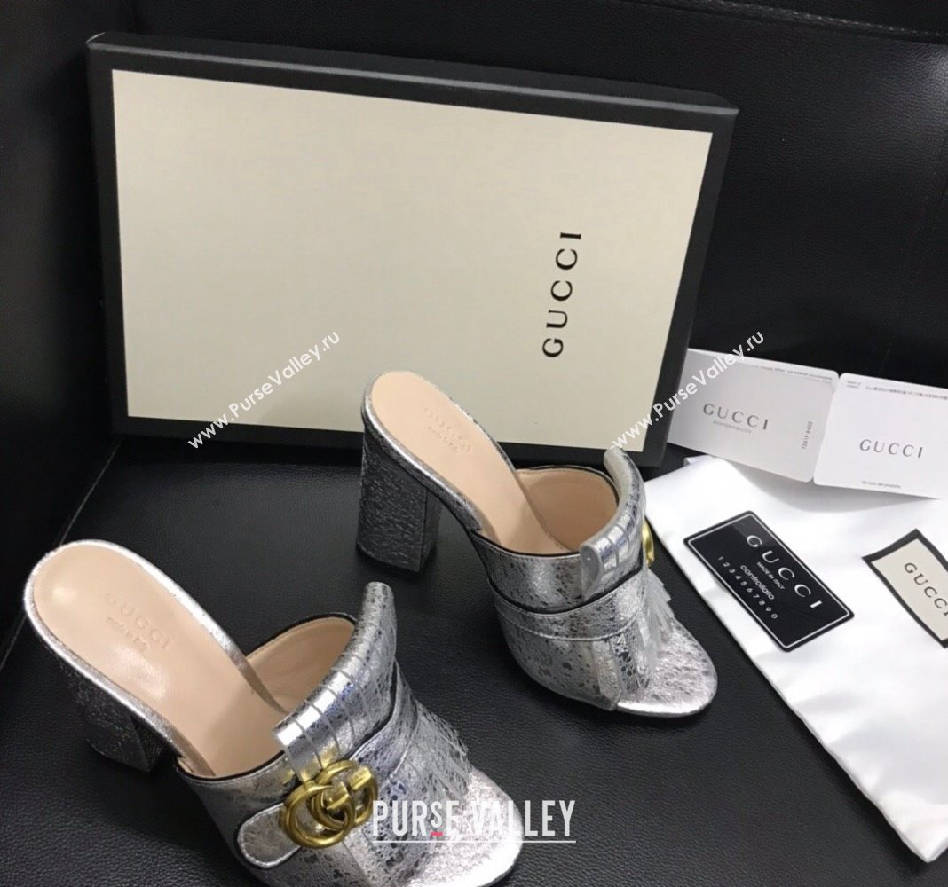 Gucci Leather Fringe Heel Slide Sandals 7cm Silver 2024 0319 (SS-240319033)