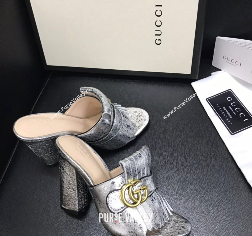 Gucci Leather Fringe Heel Slide Sandals 7cm Silver 2024 0319 (SS-240319033)