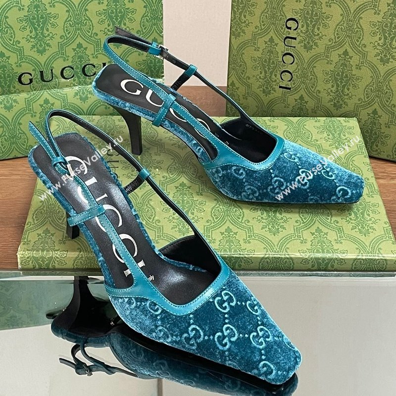 Gucci Slingback High heel Pumps 8.5cm in Velvet Blue 2023 762378 (MD-240319046)