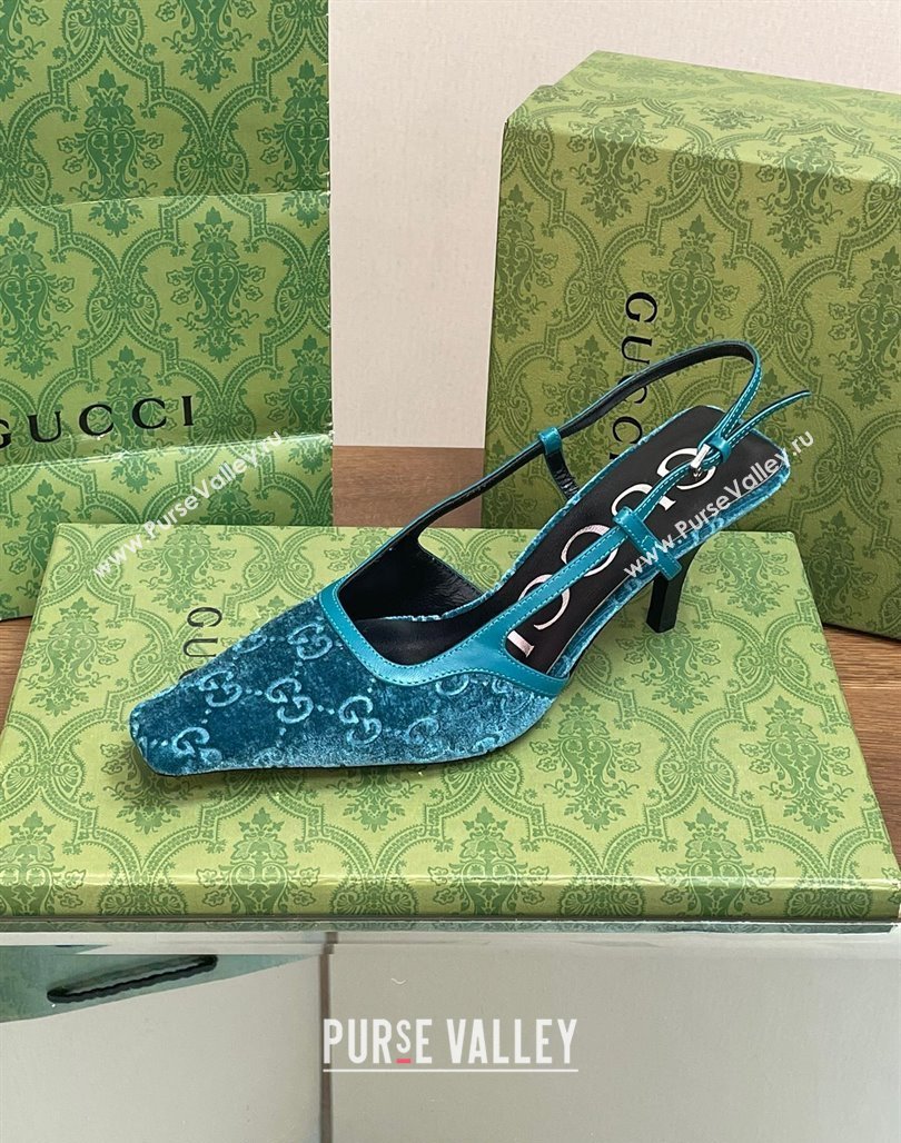 Gucci Slingback High heel Pumps 8.5cm in Velvet Blue 2023 762378 (MD-240319046)