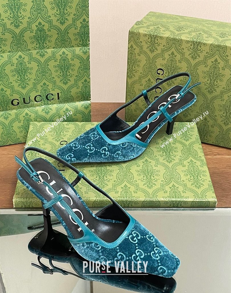 Gucci Slingback High heel Pumps 8.5cm in Velvet Blue 2023 762378 (MD-240319046)