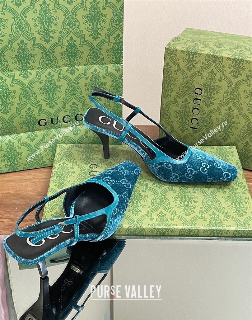 Gucci Slingback High heel Pumps 8.5cm in Velvet Blue 2023 762378 (MD-240319046)