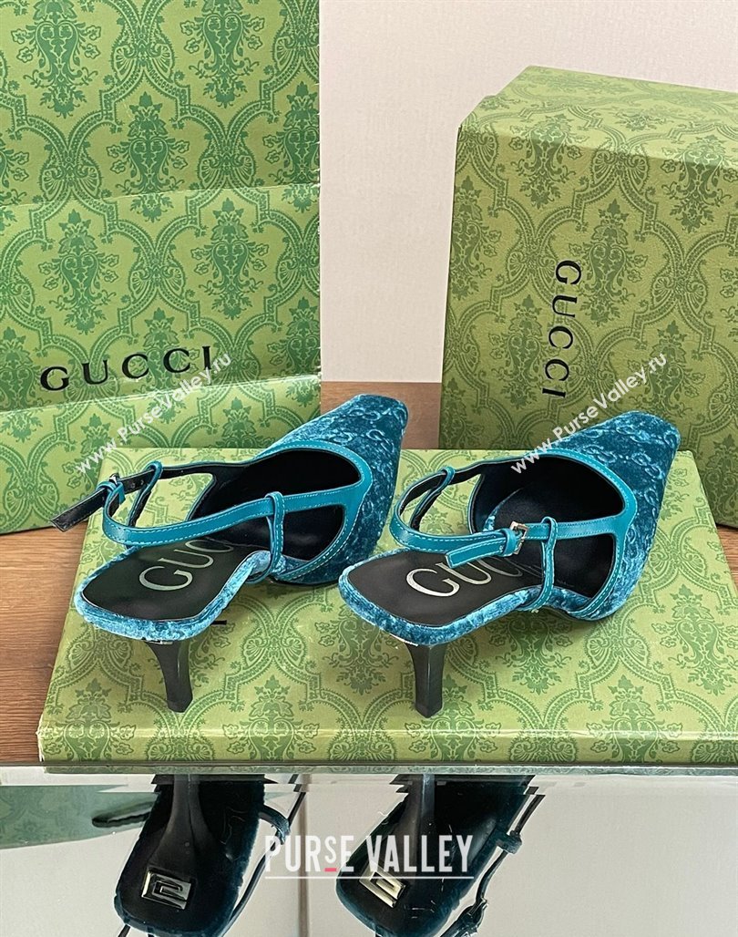 Gucci Slingback High heel Pumps 8.5cm in Velvet Blue 2023 762378 (MD-240319046)