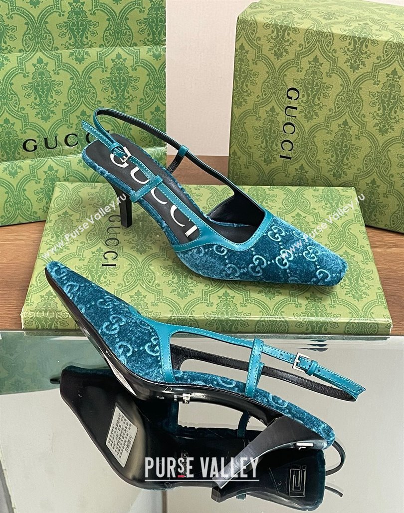 Gucci Slingback High heel Pumps 8.5cm in Velvet Blue 2023 762378 (MD-240319046)