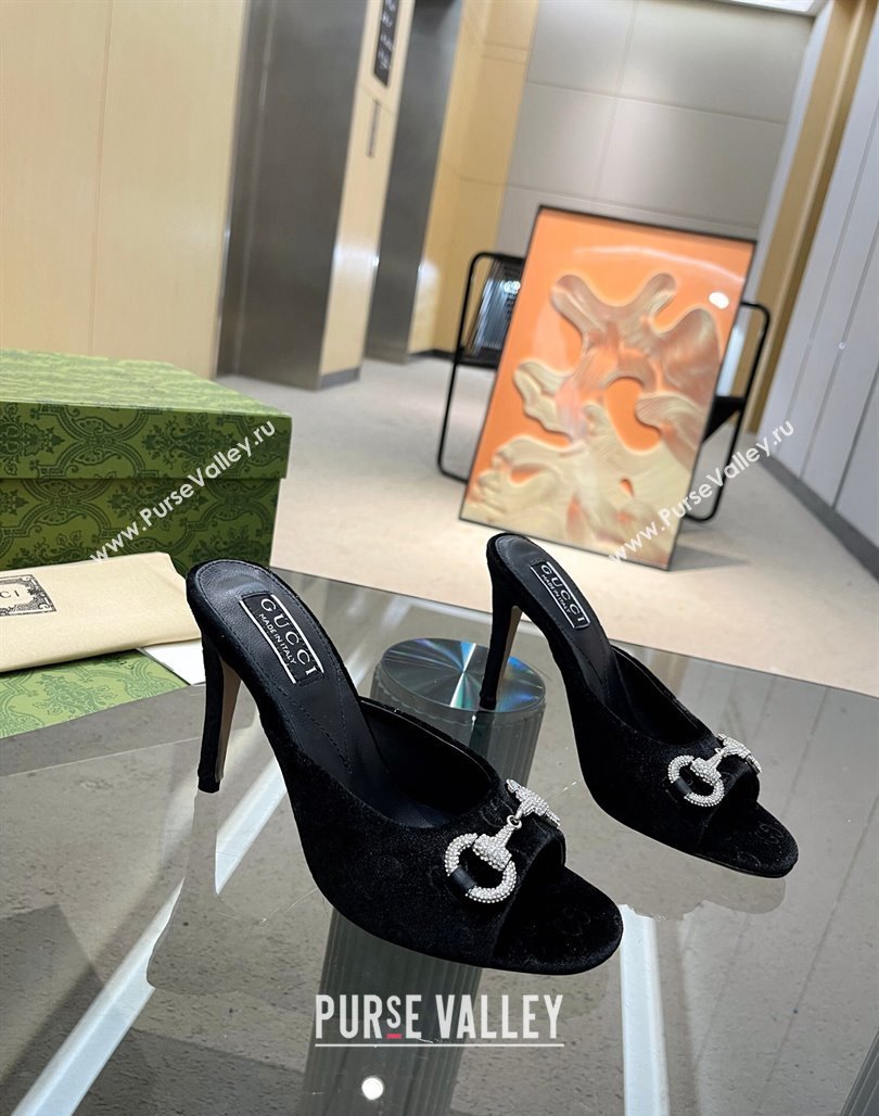 Gucci Horsebit 1955 High Heel Slide Sandals 9.5cm in GG Velvet Black 2024 (MD-240316001)