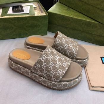 Gucci GG Fabric Platform Slide Sandal 5.5cm Beige/Grey 2024 0316 (MD-240316025)