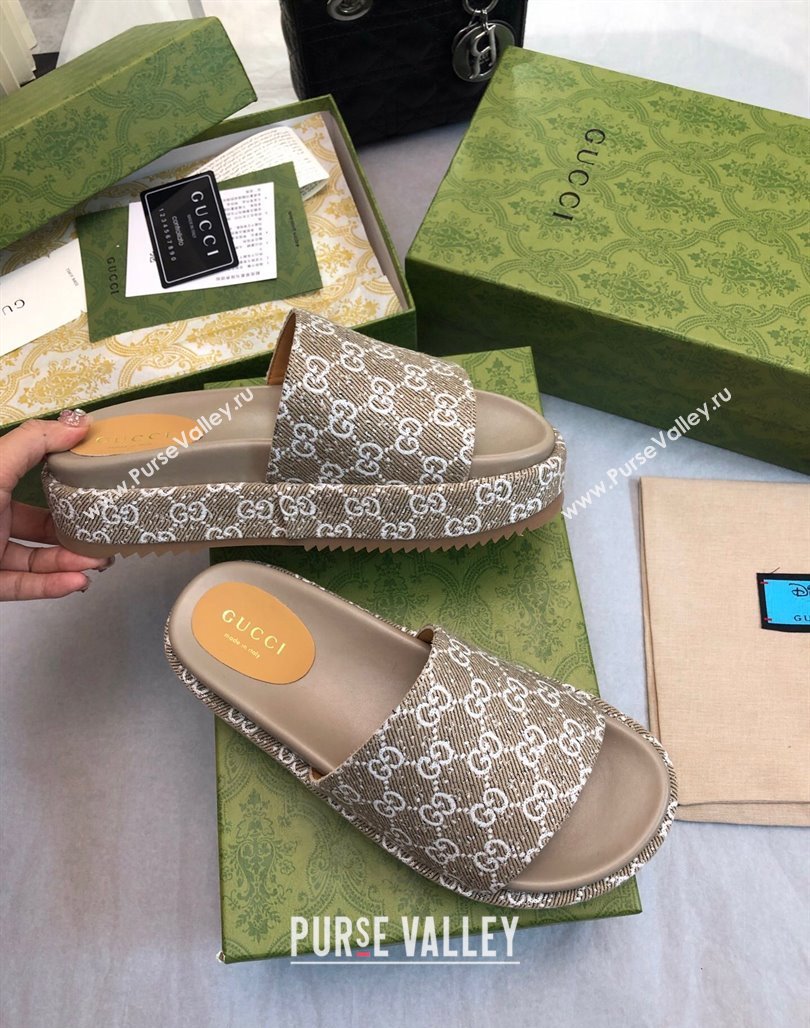 Gucci GG Fabric Platform Slide Sandal 5.5cm Beige/Grey 2024 0316 (MD-240316025)