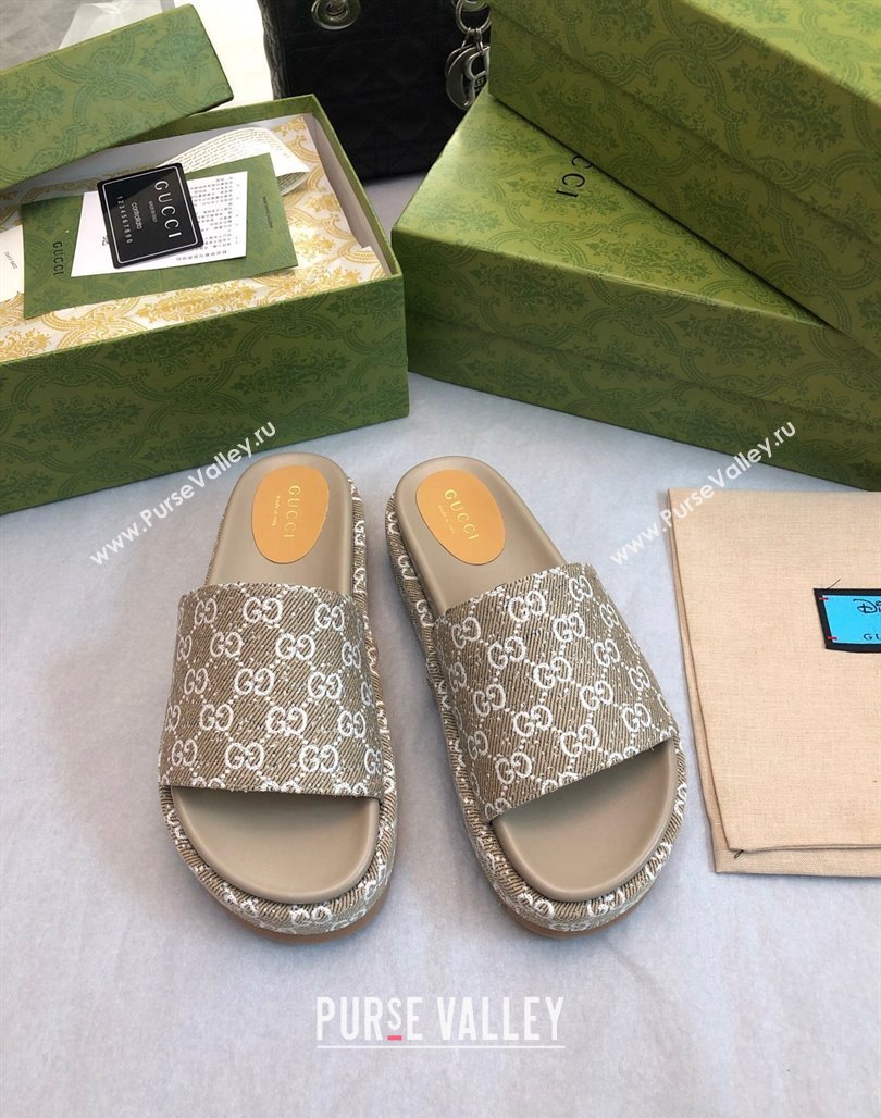 Gucci GG Fabric Platform Slide Sandal 5.5cm Beige/Grey 2024 0316 (MD-240316025)
