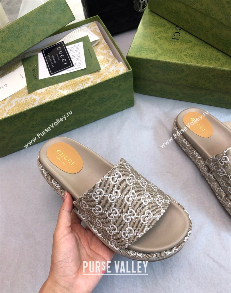 Gucci GG Fabric Platform Slide Sandal 5.5cm Beige/Grey 2024 0316 (MD-240316025)